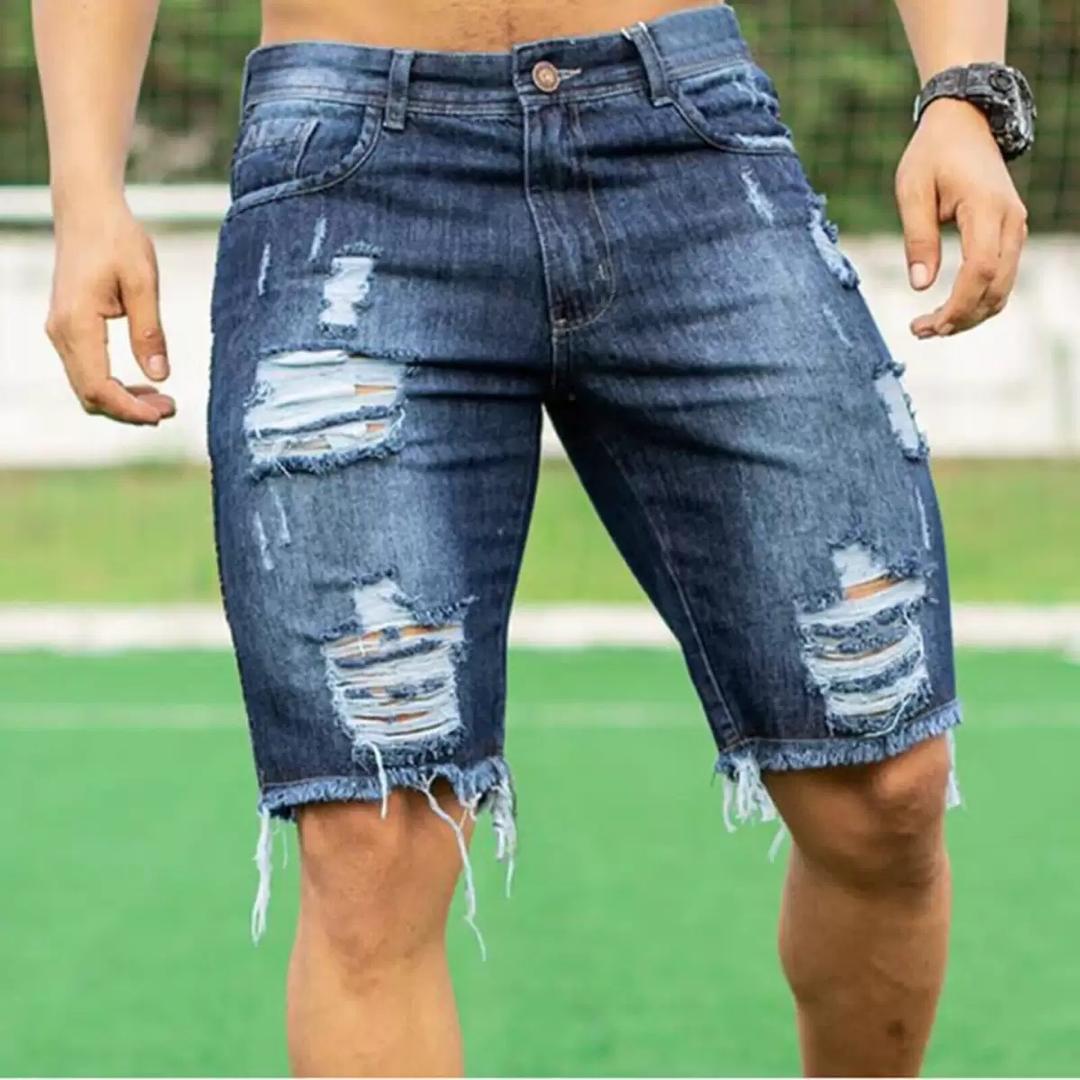 Short en jean bleu foncé déchiré