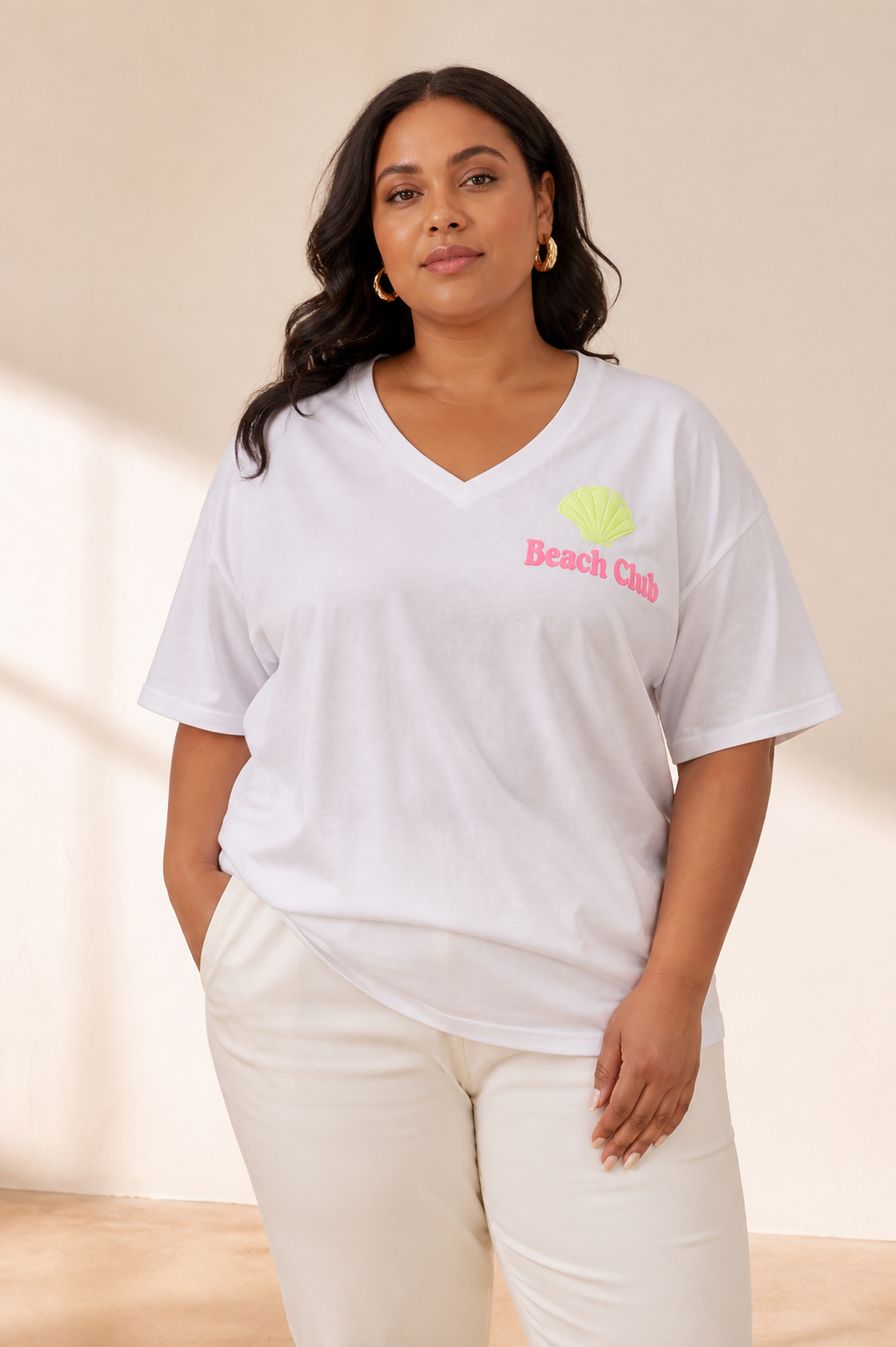 PLUS SIZE T-shirt col V imprimé - Blanc