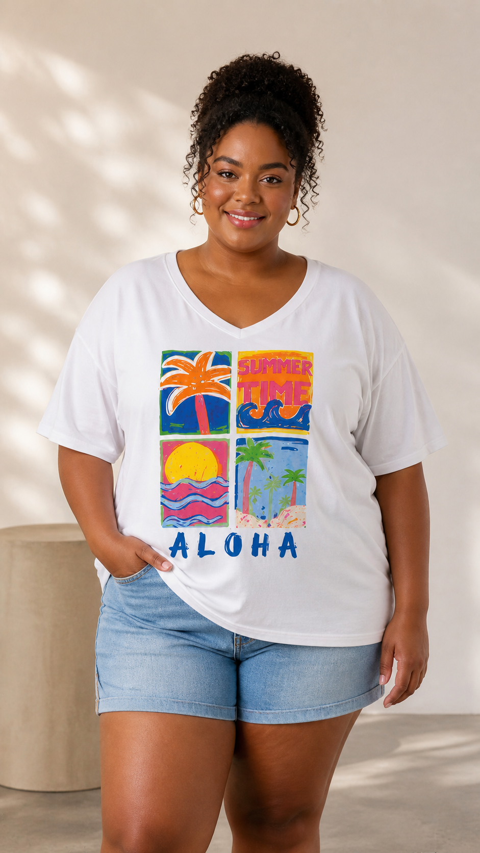 PLUS SIZE T-shirt V ALOHA - Blanc