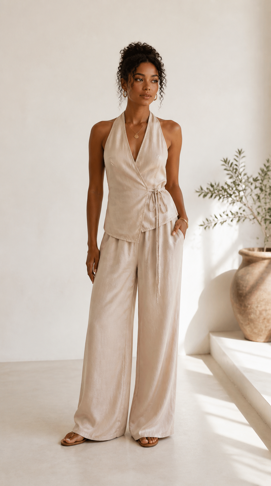 Ensemble Dos Nu Et Pantalon Large - Beige